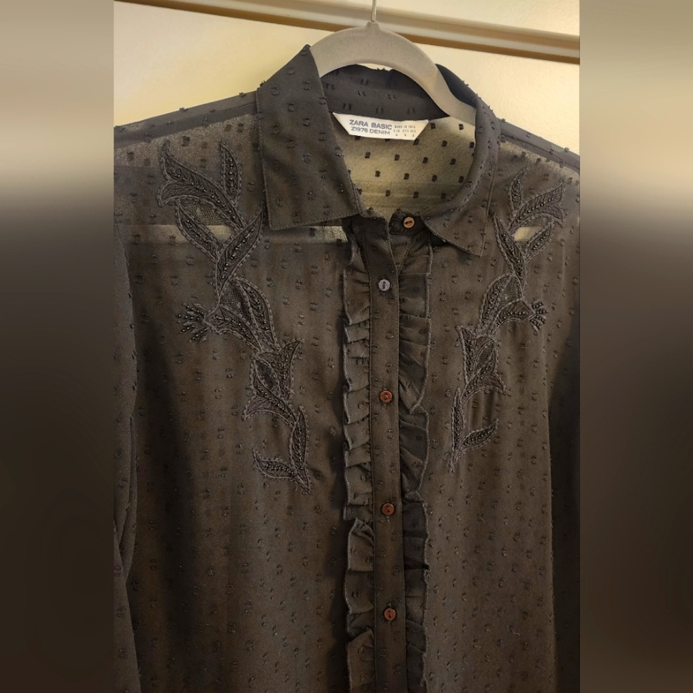 Zara sheer black button up blouse